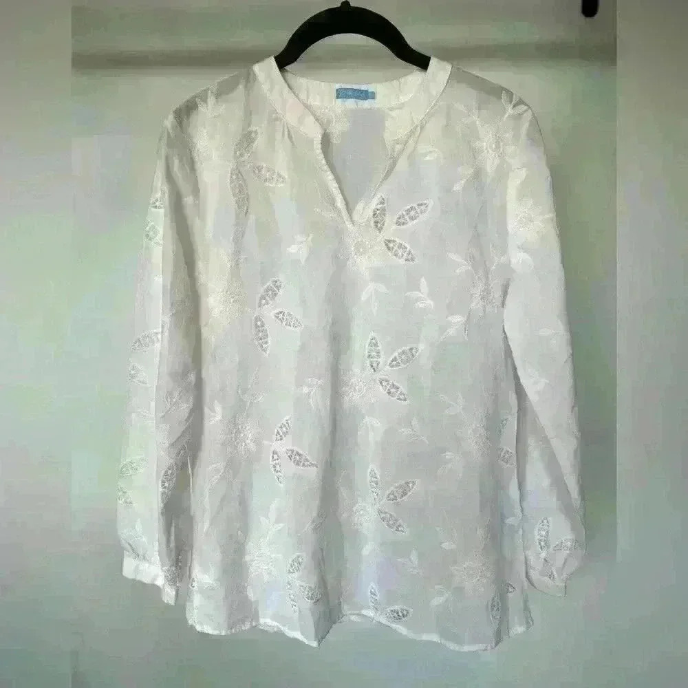 J. McLaughlin White Embroidered Cotton Blouse